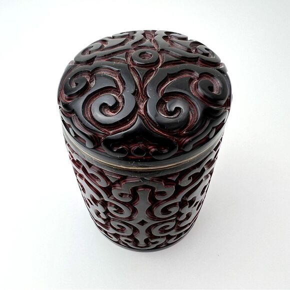 Antique Chinese Hand Carved Cinnabar Canister Jar Box Black and Red Blue Inside - Picture 7 of 14